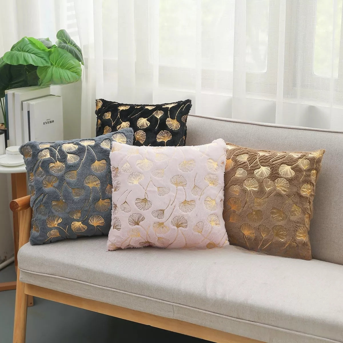 Golden Plush Ginkgo Leaf Cushion Cover 16.5×16.5in
