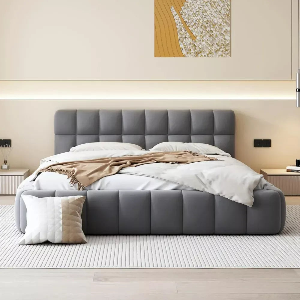 Queen Tufted Linen Wingback Platform Bed – No Box Spring Needed