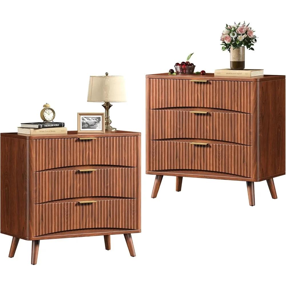 Mid Century Modern Large Fluted Premium Nightstands Set of 2 with 3 Drawers