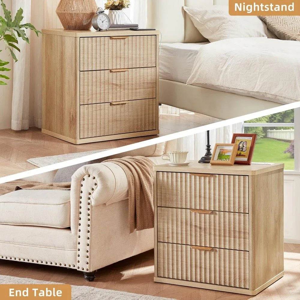 23" Wide Fluted Farmhouse Premium Nightstands with Charging Station, Set of 2 - DSARD