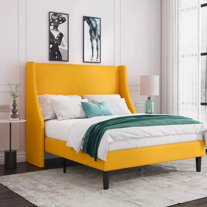 Luxury Full-Size Platform Bed Frame with Padded Wingback Headboard and Plank Support - DSARD