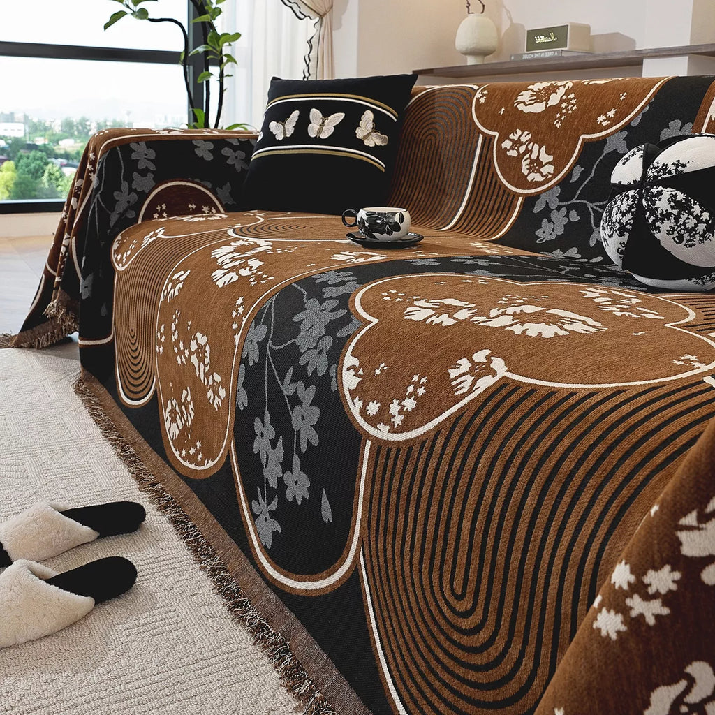 Floral Jacquard Chenille Sofa Cover with Tassels