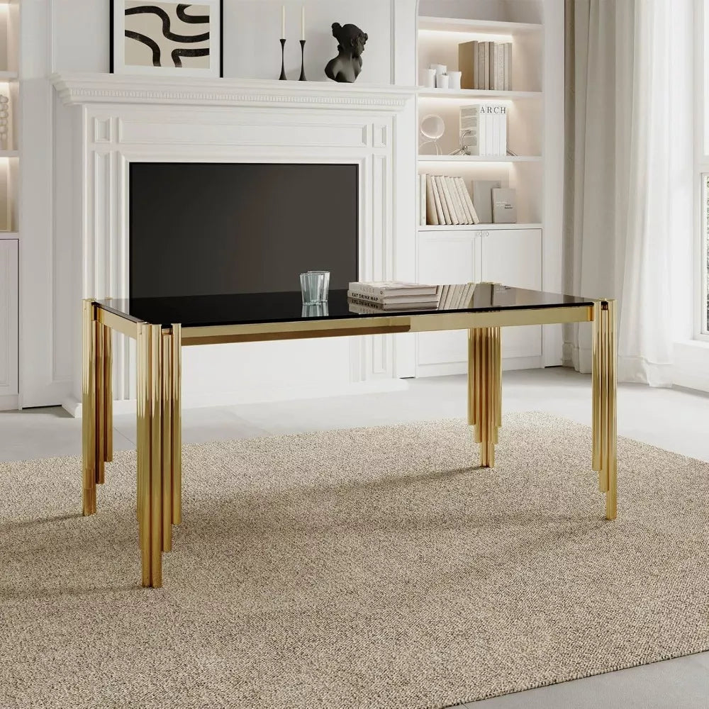 65-Inch Rectangular Luxury Glass Dining Table with Gold Stainless Steel Legs