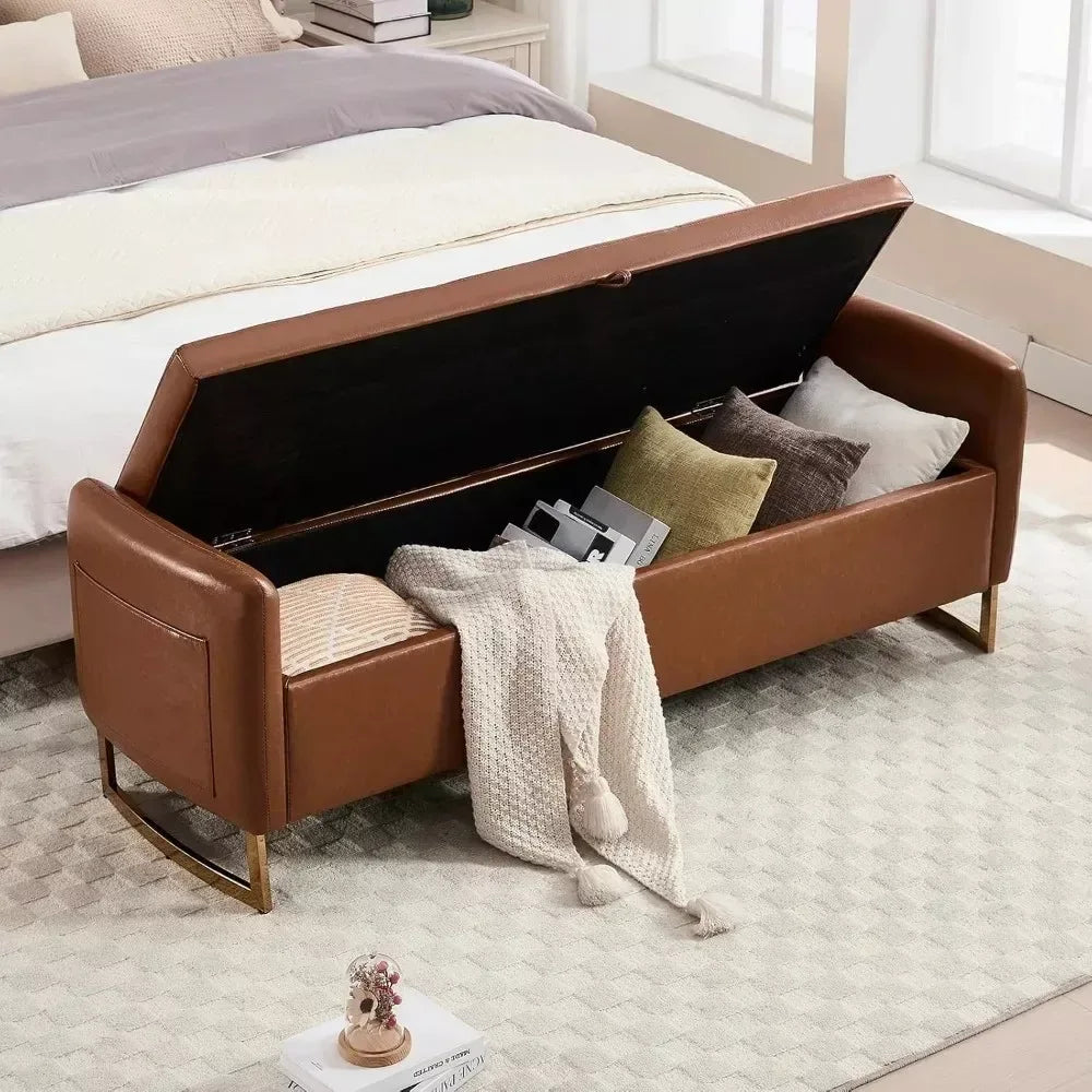 65″ Leather Storage Ottoman Bench with Tufted Upholstery & Gold Legs - DSARD - DSARD