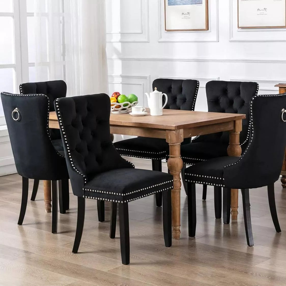 Set of 4 Black Velvet Upholstered Dining Chairs with Ring Pull and Wood Legs - DSARD