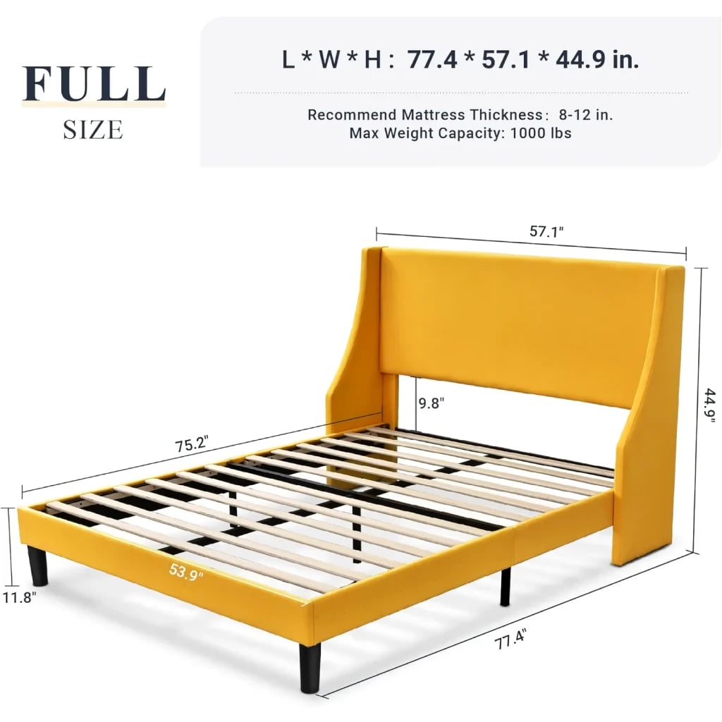 Luxury Full-Size Platform Bed Frame with Padded Wingback Headboard and Plank Support - DSARD