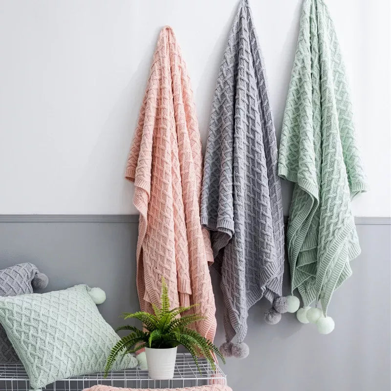 Throw Travel Blanket Sofa Throw Blanket Knitted Green Pink Grey Pom pom Ball Air Condition Blanket Diamond Acrylic 130x160cm
