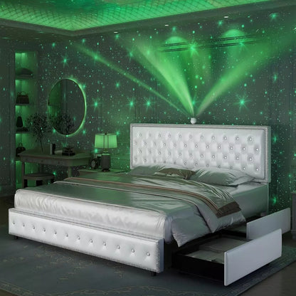 LED Upholstered Bed Frame with Galaxy Lights, Drawers, Bluetooth Speaker & USB - DSARD