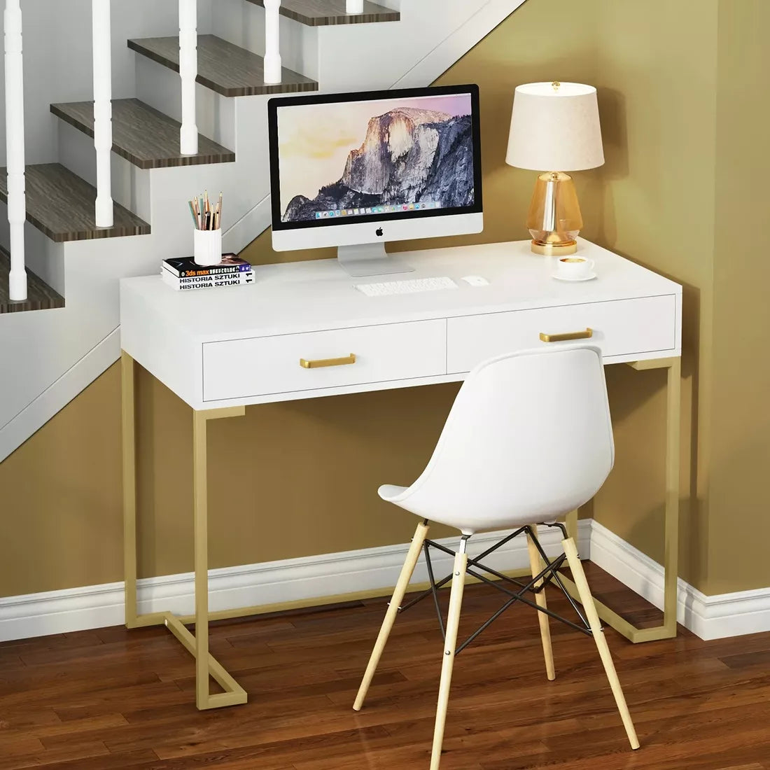 Modern White and Gold Vanity Desk with 2 Drawers - DSARD