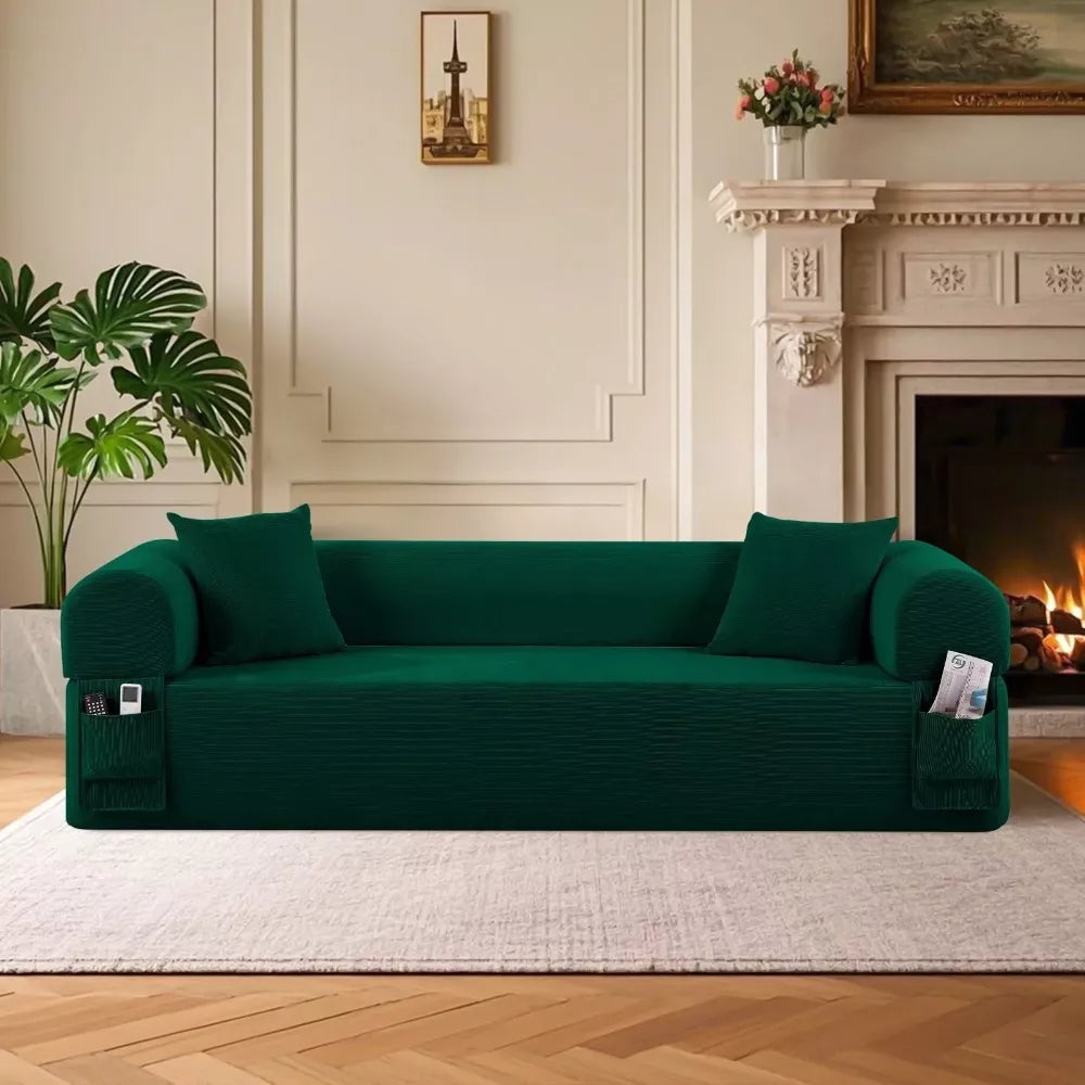 Modular 3-Seater Velvet Sectional Sofa in Green Corduroy for Living Spaces - DSARD