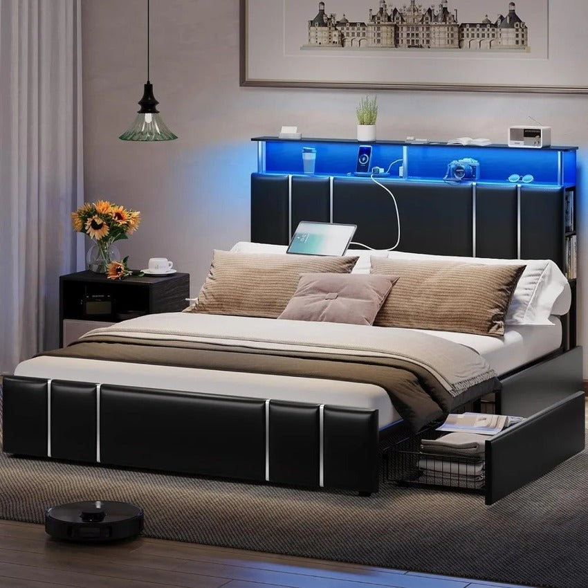 Queen Bed Frame with Storage, Bookcase Headboard, Charging Station & LED Lights - DSARD