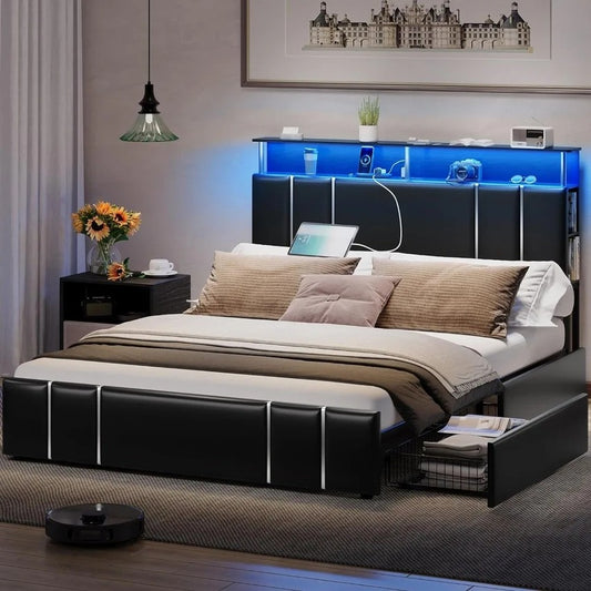 Queen Bed Frame with Storage, Bookcase Headboard, Charging Station & LED Lights - DSARD