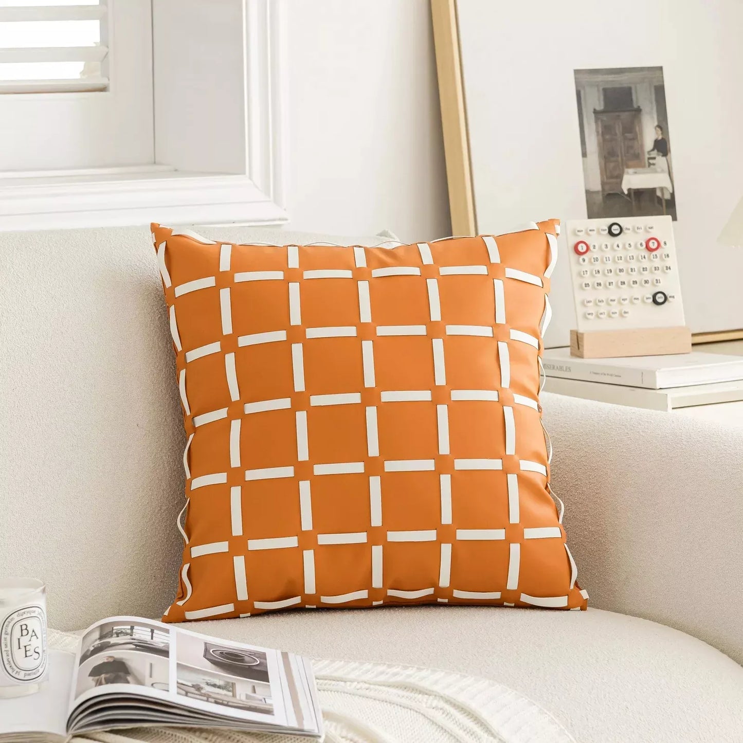 Luxury Leather Grid Throw Pillow Cover 18×18 Inch – Nordic Decorative Cushion