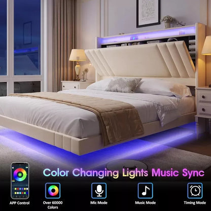 Queen Bed Frame with Storage Headboard, LED Lights & Charging Station - DSARD