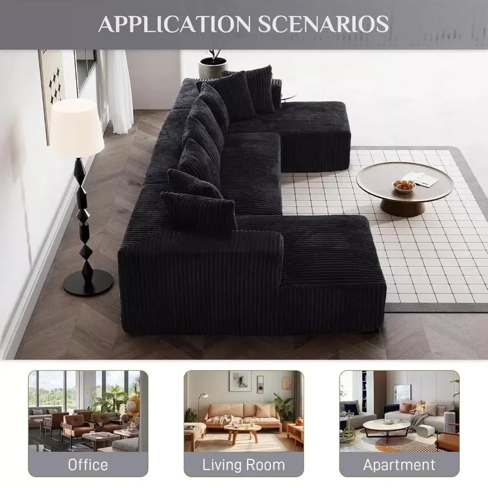 131″ Modular Black Corduroy Sectional Sofa with Chaise and 8 Pillows - DSARD - DSARD