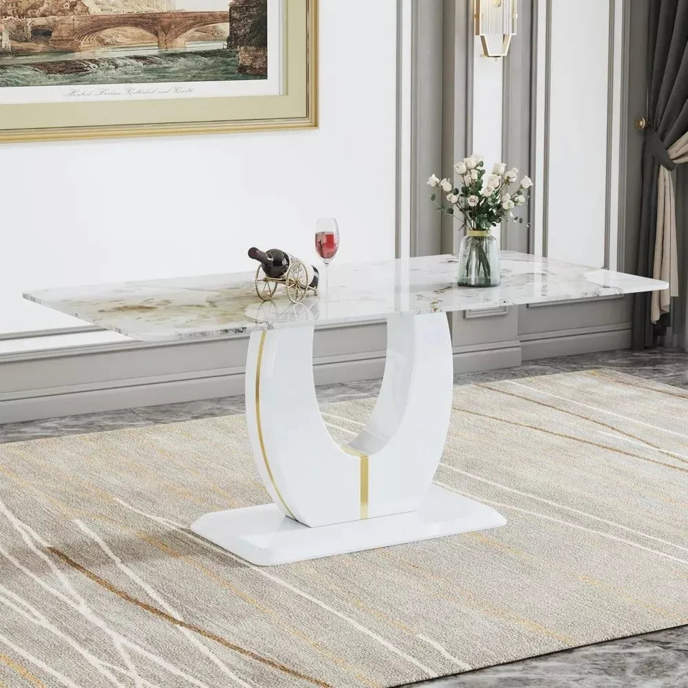 Modern Marble Dining Table with Wooden Pedestal Base - DSARD