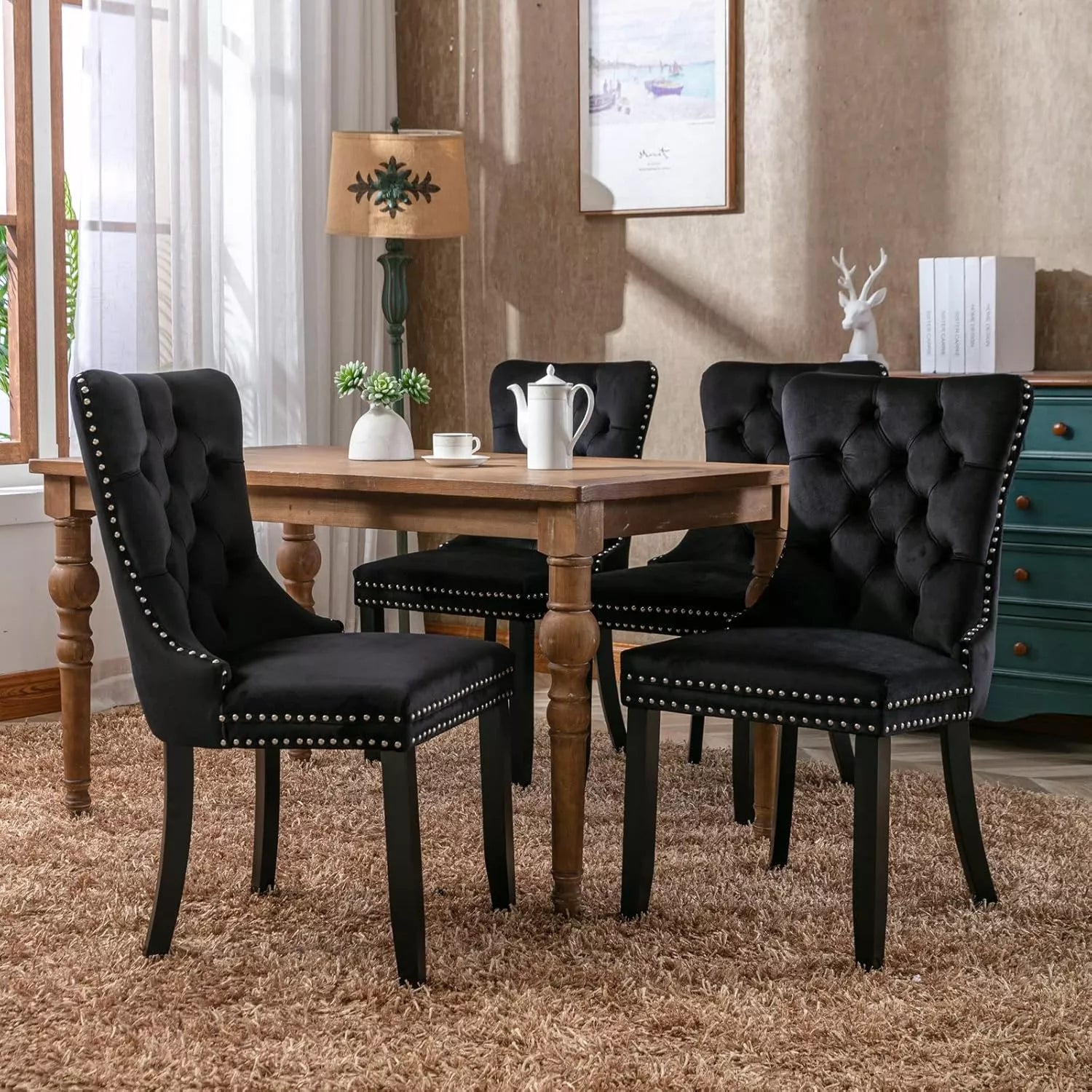 Set of 4 Black Velvet Upholstered Dining Chairs with Ring Pull and Wood Legs - DSARD