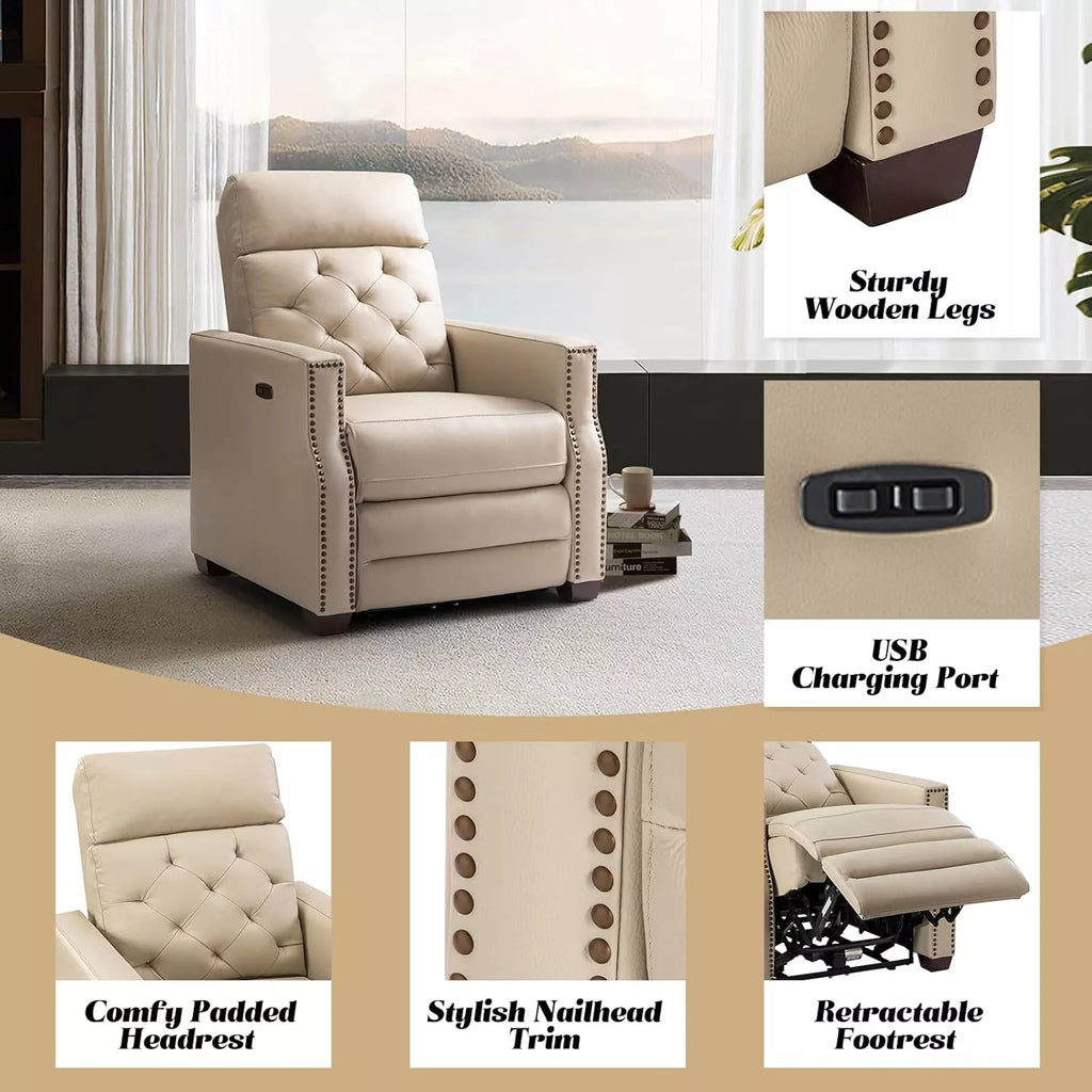 Genuine Leather Power Recliner Chair with USB, Tufted Nailhead Lounge Seat - DSARD