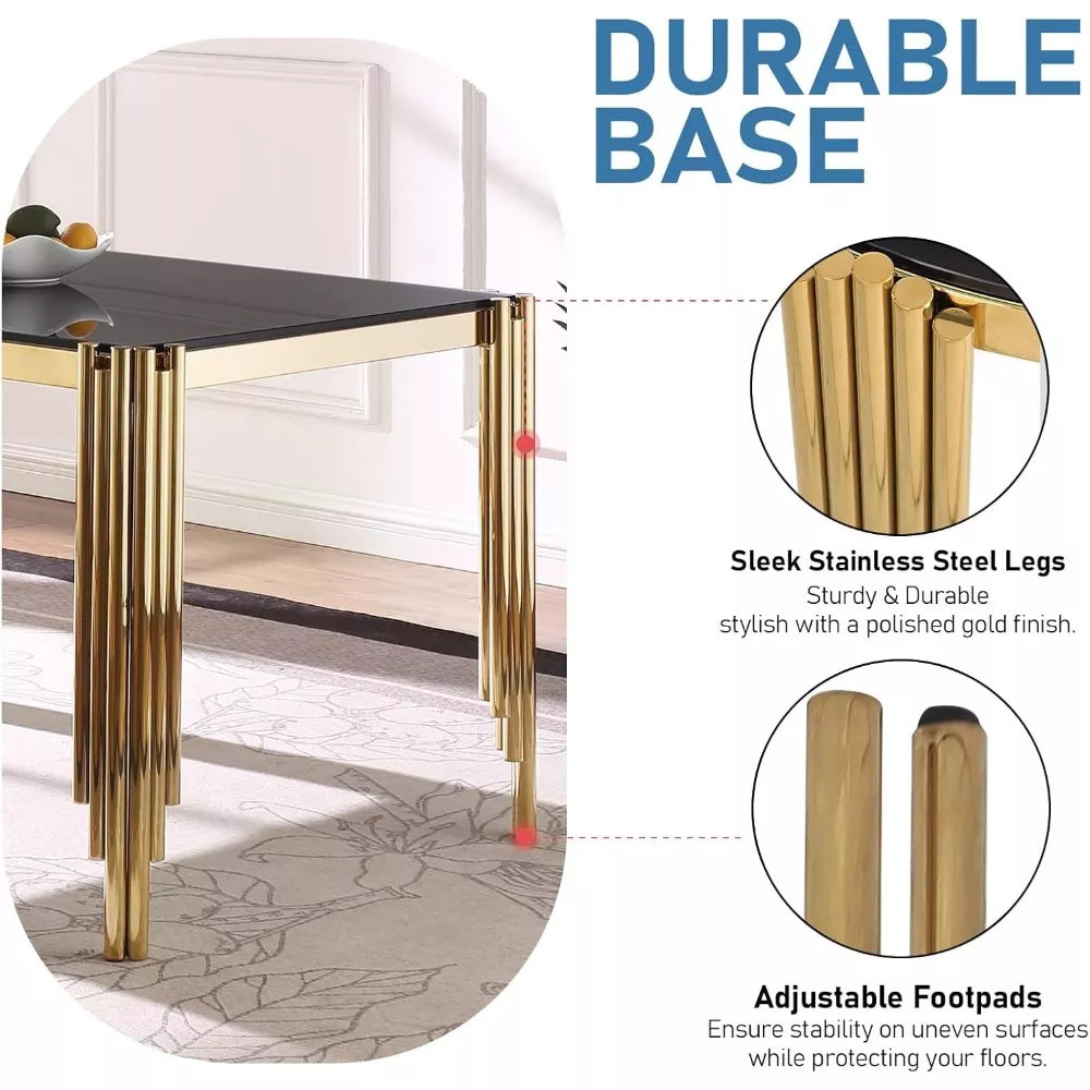 65-Inch Rectangular Luxury Glass Dining Table with Gold Stainless Steel Legs