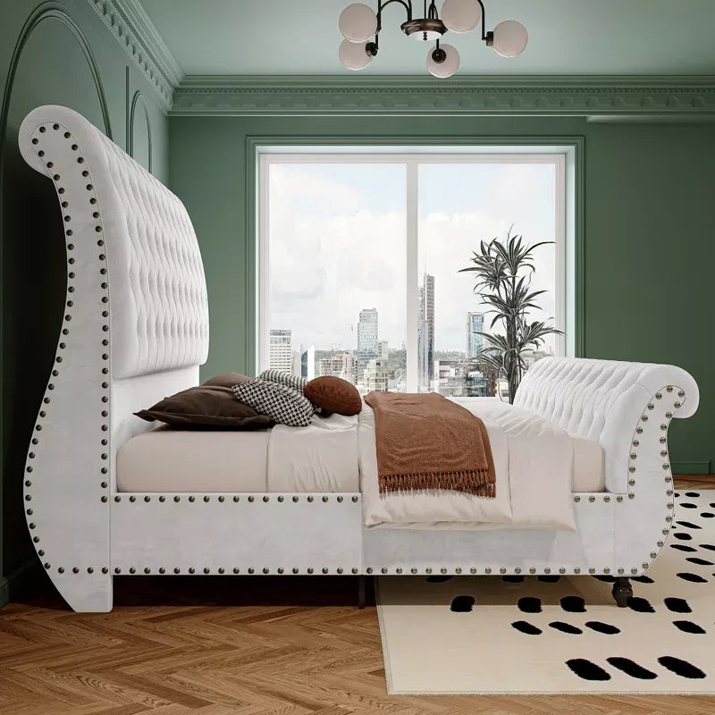 Queen Velvet Sleigh Bed with Scroll Headboard & Footboard