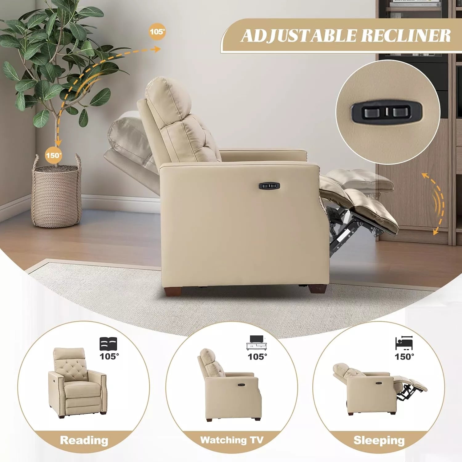 Genuine Leather Power Recliner Chair with USB, Tufted Nailhead Lounge Seat - DSARD
