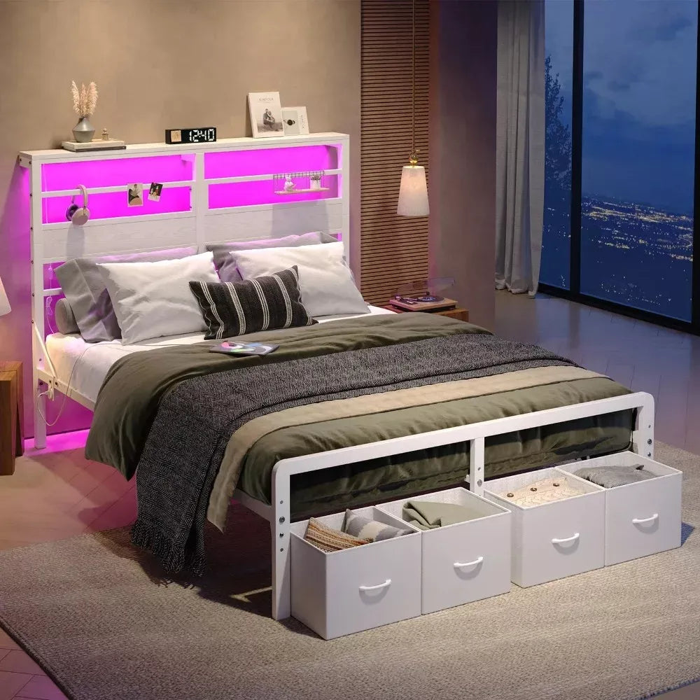 Queen Metal Bed Frame with LED Storage Headboard, Drawers & Charging