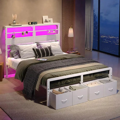 Queen Size Metal Bed Frame with LED Storage Headboard, Drawers, and Charging Station - DSARD