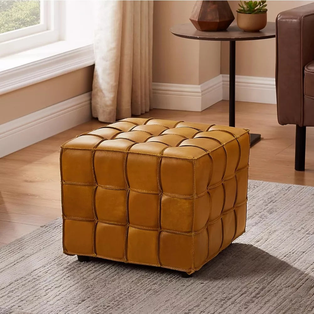 Genuine Leather Square Ottoman Footstool – Modern Tufted Yellow Brown - DSARD