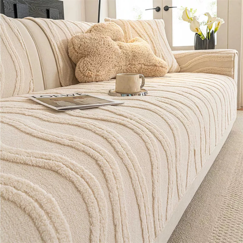 French Striped Plush Winter Sofa Cover – Warm, Non-Slip Couch Cushion Pad