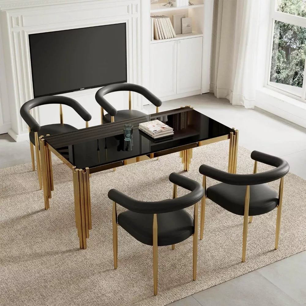 65-Inch Rectangular Luxury Glass Dining Table with Gold Stainless Steel Legs