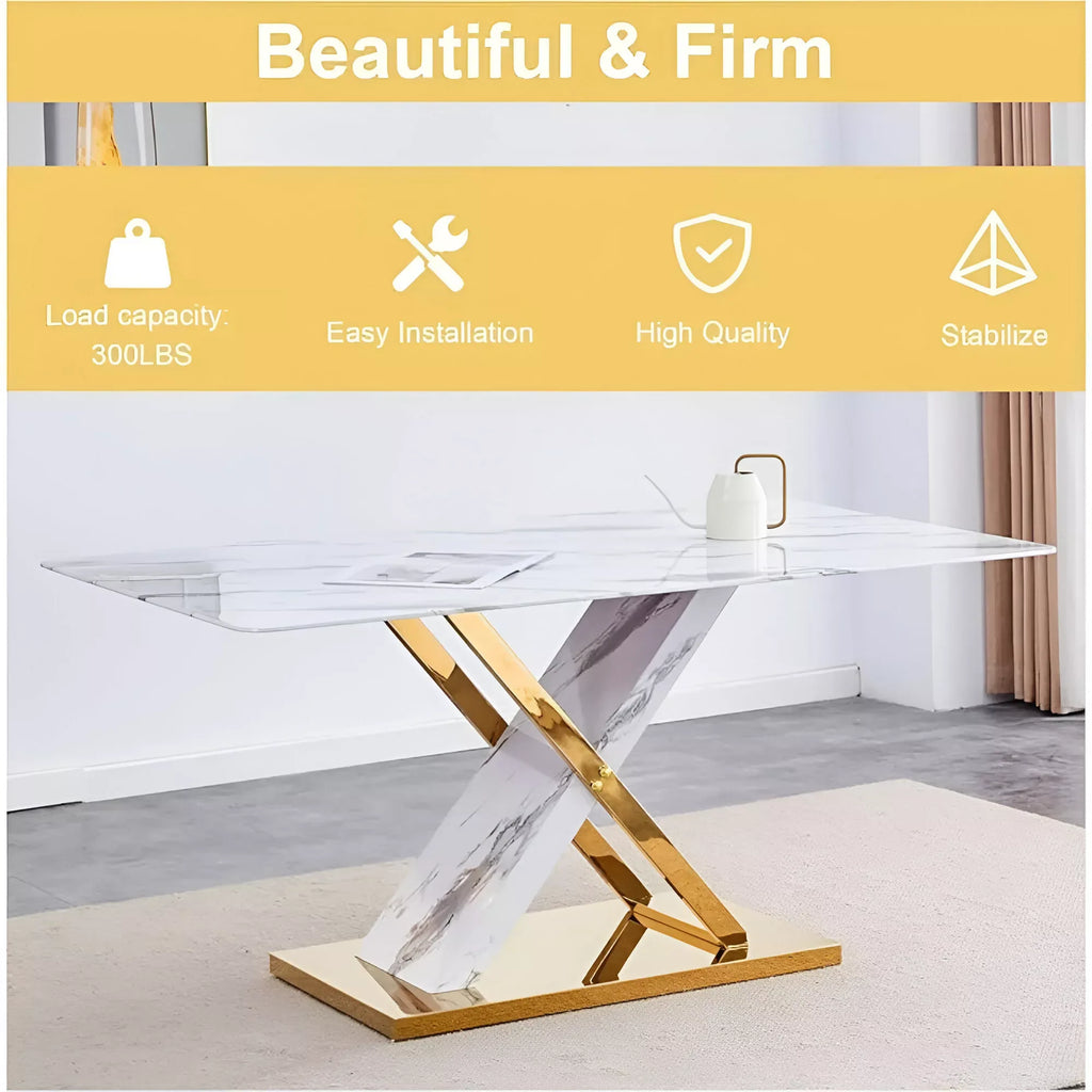 63″ White Faux Marble Dining Table Set for 6, Modern Dining Room Table and Chairs Set - DSARD - DSARD