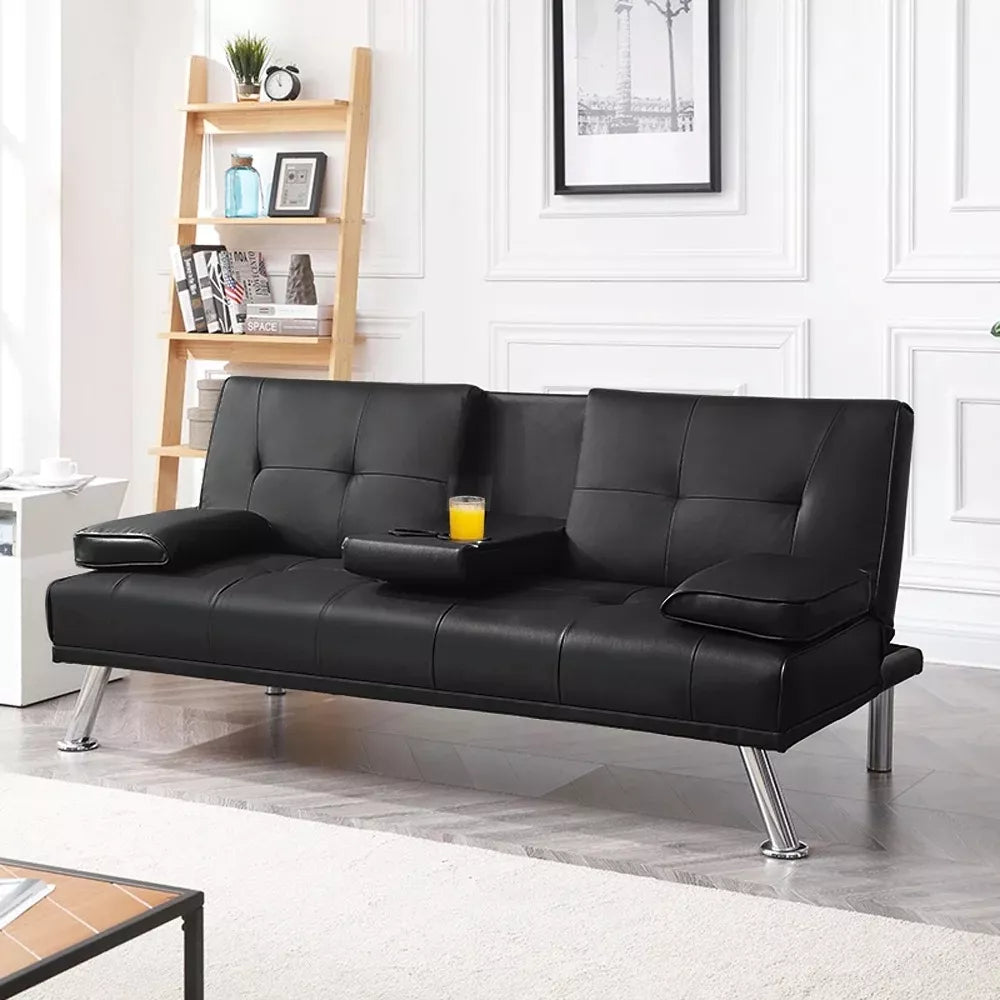 Modern Faux Leather Futon Sofa Bed with Cupholders and Pillows - DSARD