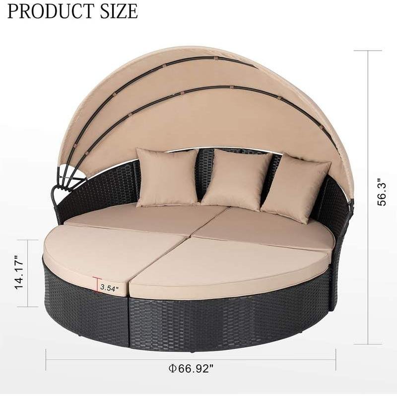 DSARD Outdoor Round Daybed with Retractable Canopy and Black Wicker Sectional