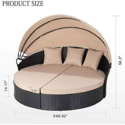 DSARD Outdoor Round Daybed with Retractable Canopy and Black Wicker Sectional