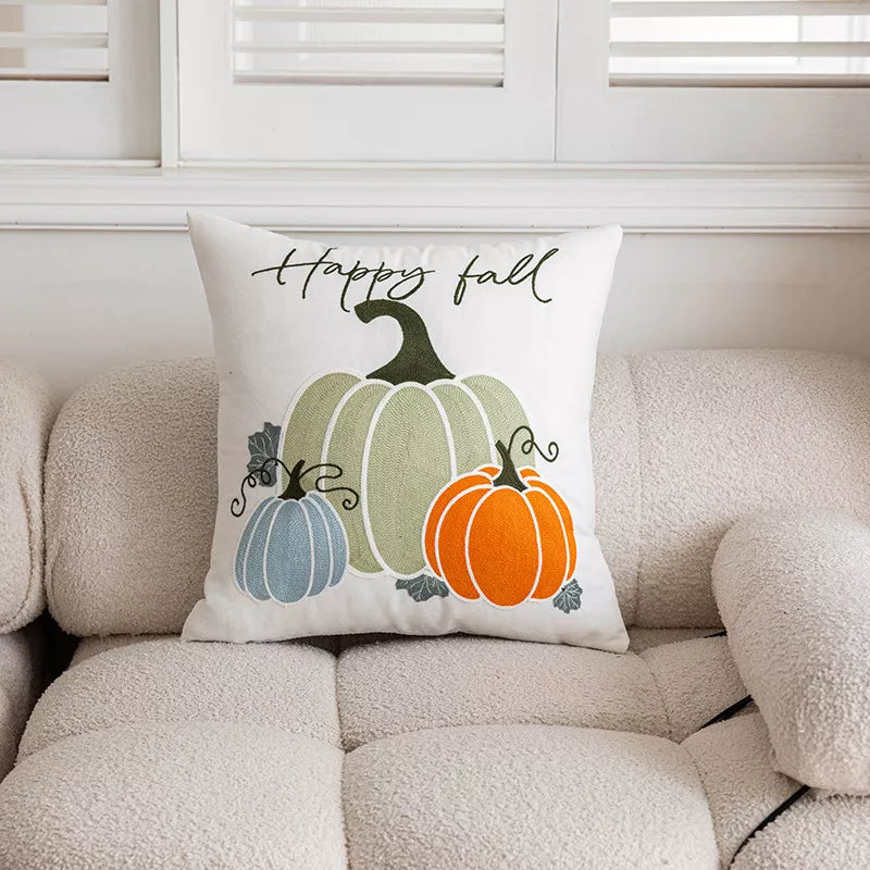 Pumpkin Embroidered Throw Pillow Cover – Cozy Autumn Home Décor