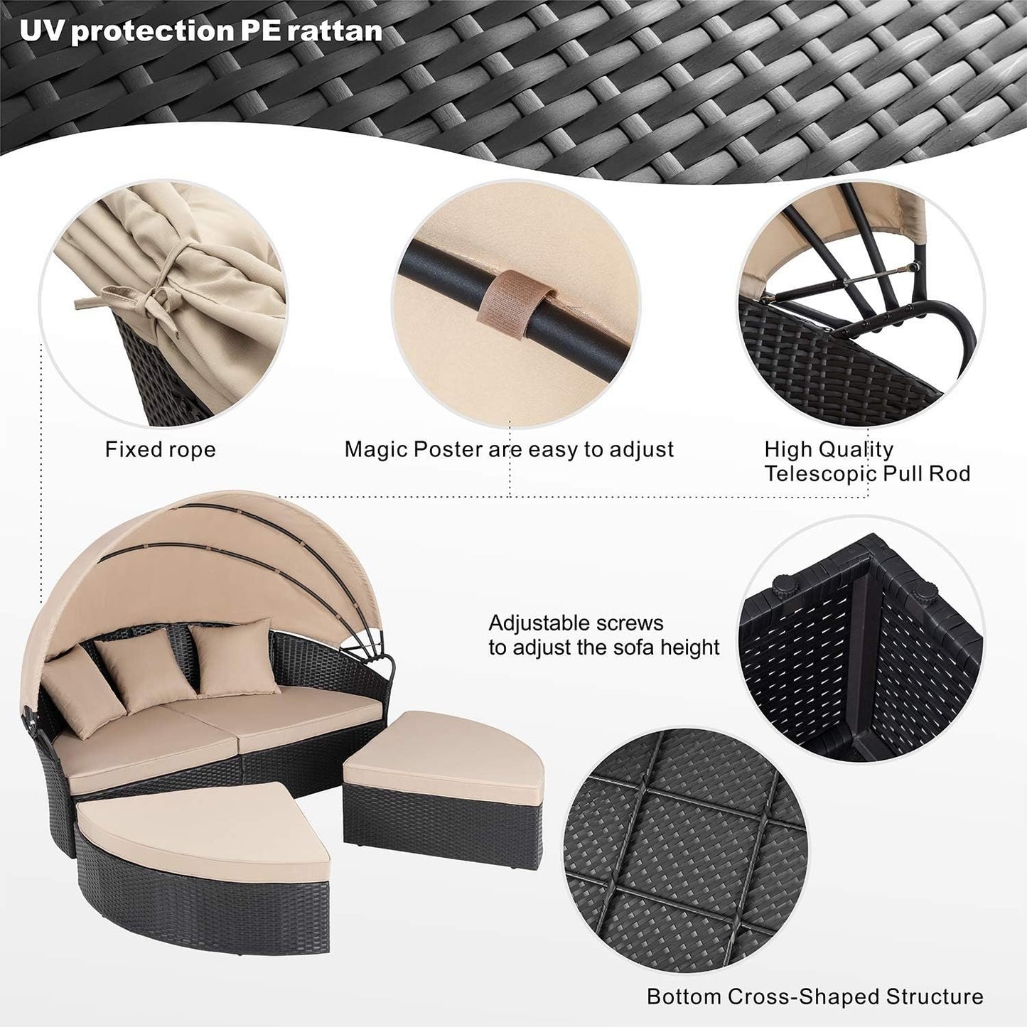 DSARD Outdoor Round Daybed with Retractable Canopy and Black Wicker Sectional