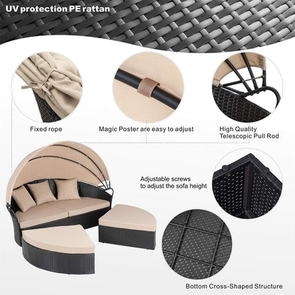 DSARD Outdoor Round Daybed with Retractable Canopy and Black Wicker Sectional