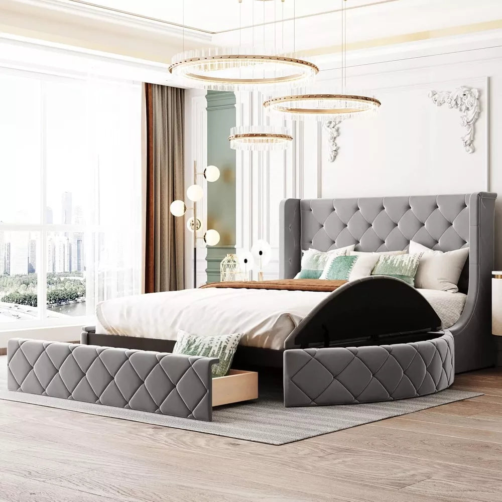 Queen Size Velvet Platform Bed Frame with Storage and Wingback Headboard - DSARD