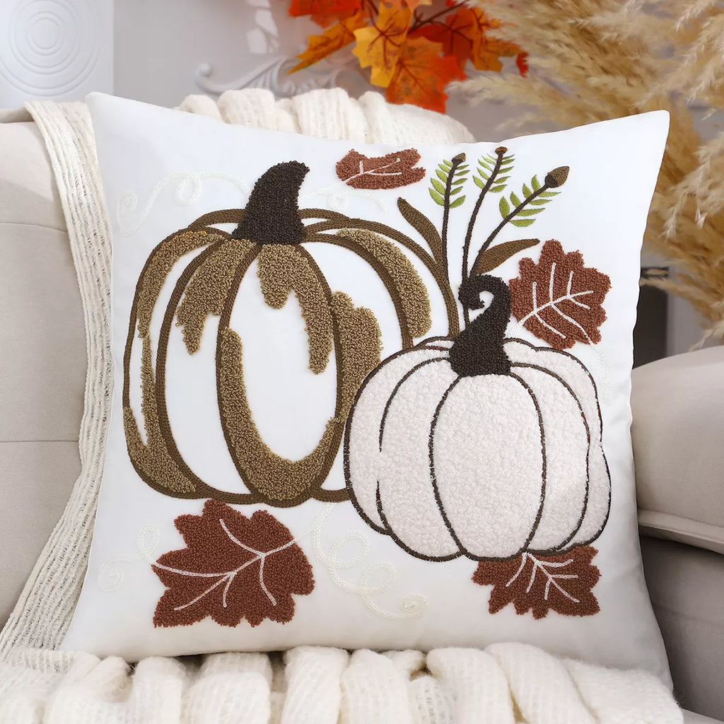 Velvet Pumpkin Embroidered Cushion Cover 18×18 Inch – Festive Fall Decor