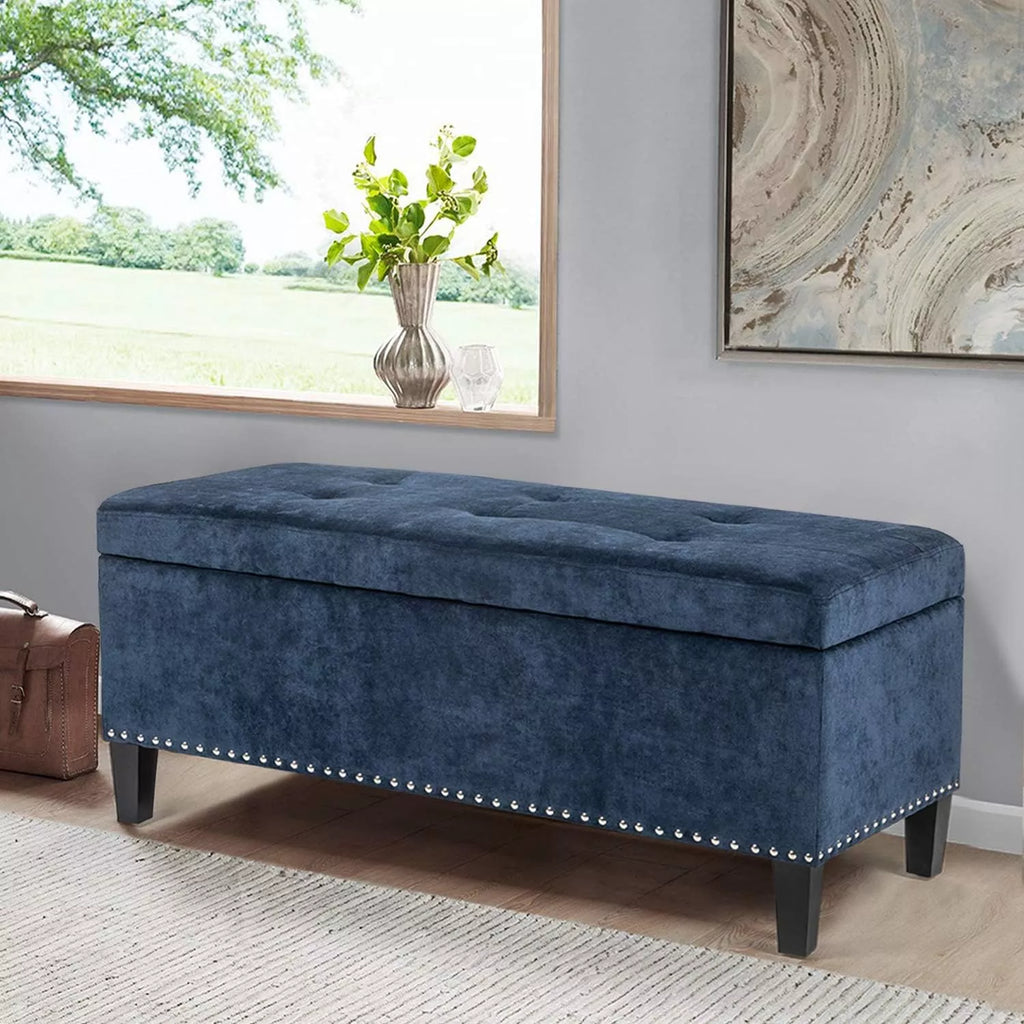 Tufted Linen Storage Ottoman Bench with Lift Top & Solid Wood Legs - DSARD