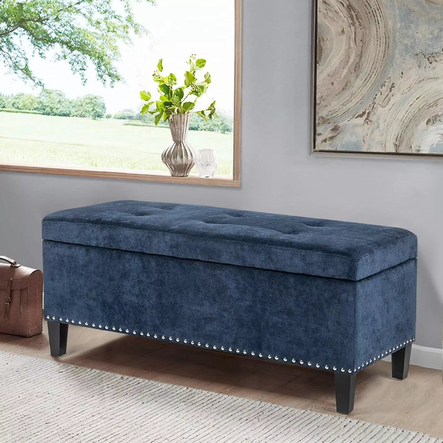 Tufted Linen Storage Ottoman Bench with Lift Top & Solid Wood Legs - DSARD