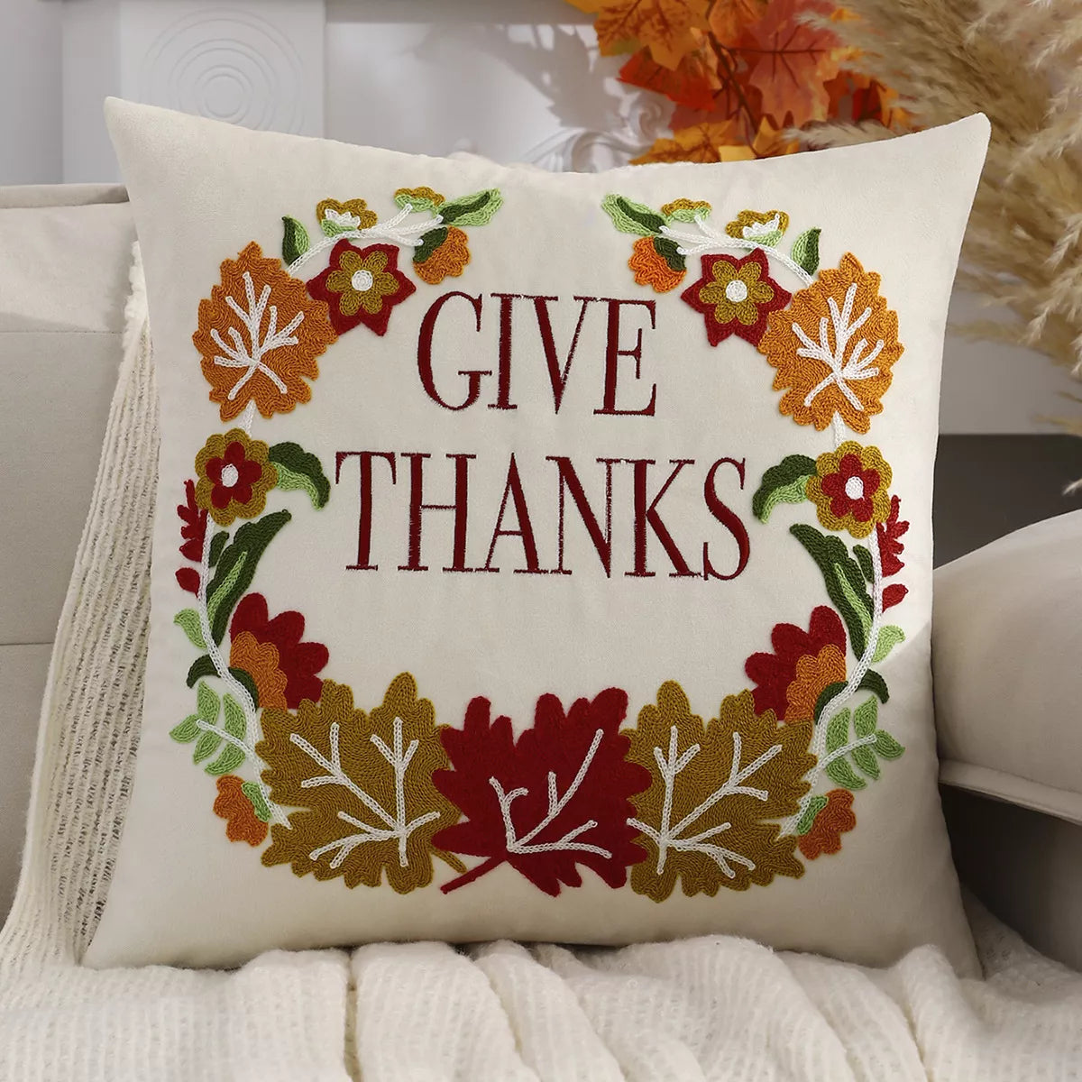 Velvet Fall Pillow Cover with Embroidered Maple Leaf & Pumpkin Design