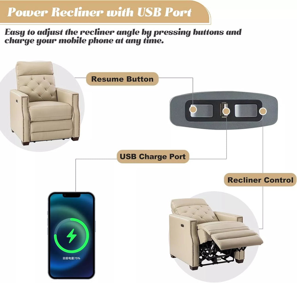 Genuine Leather Power Recliner Chair with USB, Tufted Nailhead Lounge Seat - DSARD