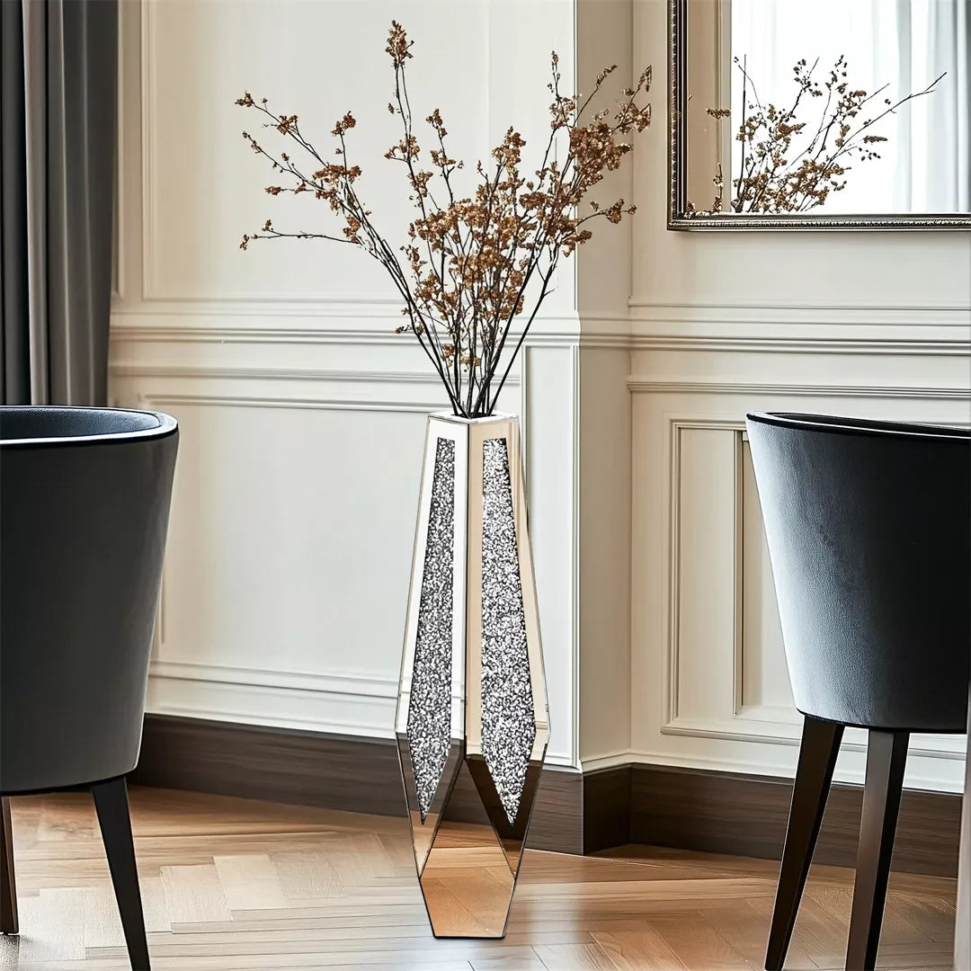 34” Mirrored Silver Floor Vase with Crushed Diamond Detail for Home Decor - DSARD