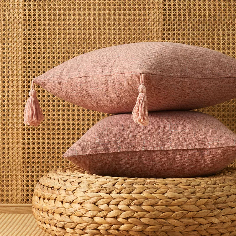 Set of 2 Rustic Linen Throw Pillow Covers with Tassels