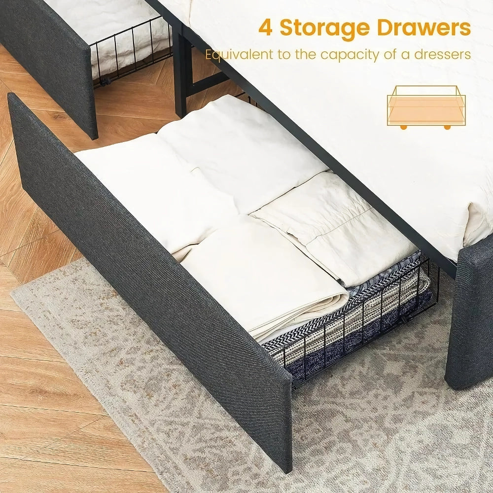 Full Size Upholstered Bed Frame with Storage Drawers & Adjustable Headboard - DSARD