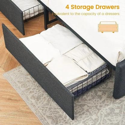 Full Size Upholstered Bed Frame with Storage Drawers & Adjustable Headboard - DSARD