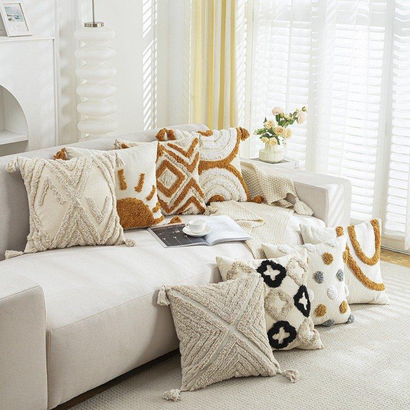 Bohemian Geometric Embroidered Tassel Pillow Cover 18×18 Inch - DSARD