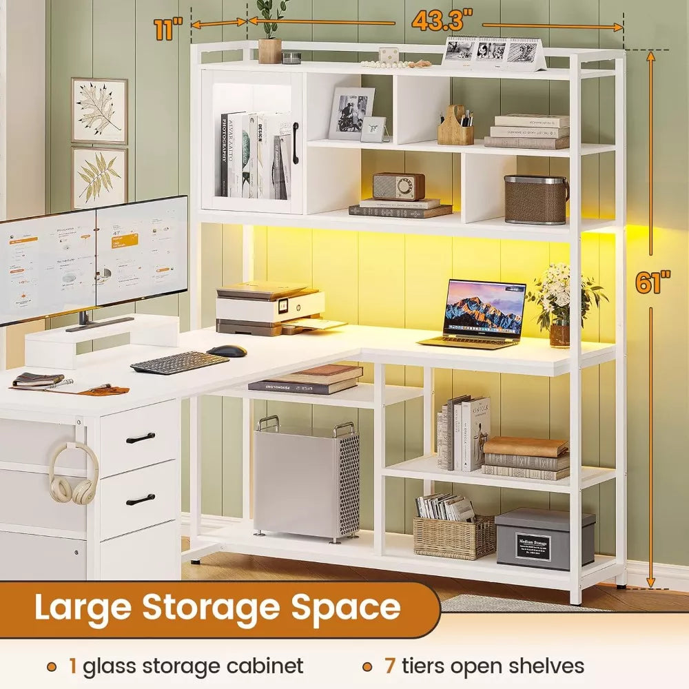L Shaped Computer Desk with LED, 3 Drawers, Bookshelf & Storage Shelves - DSARD