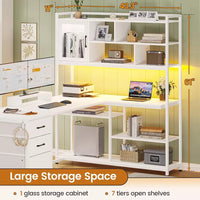 L Shaped Computer Desk with LED, 3 Drawers, Bookshelf & Storage Shelves - DSARD